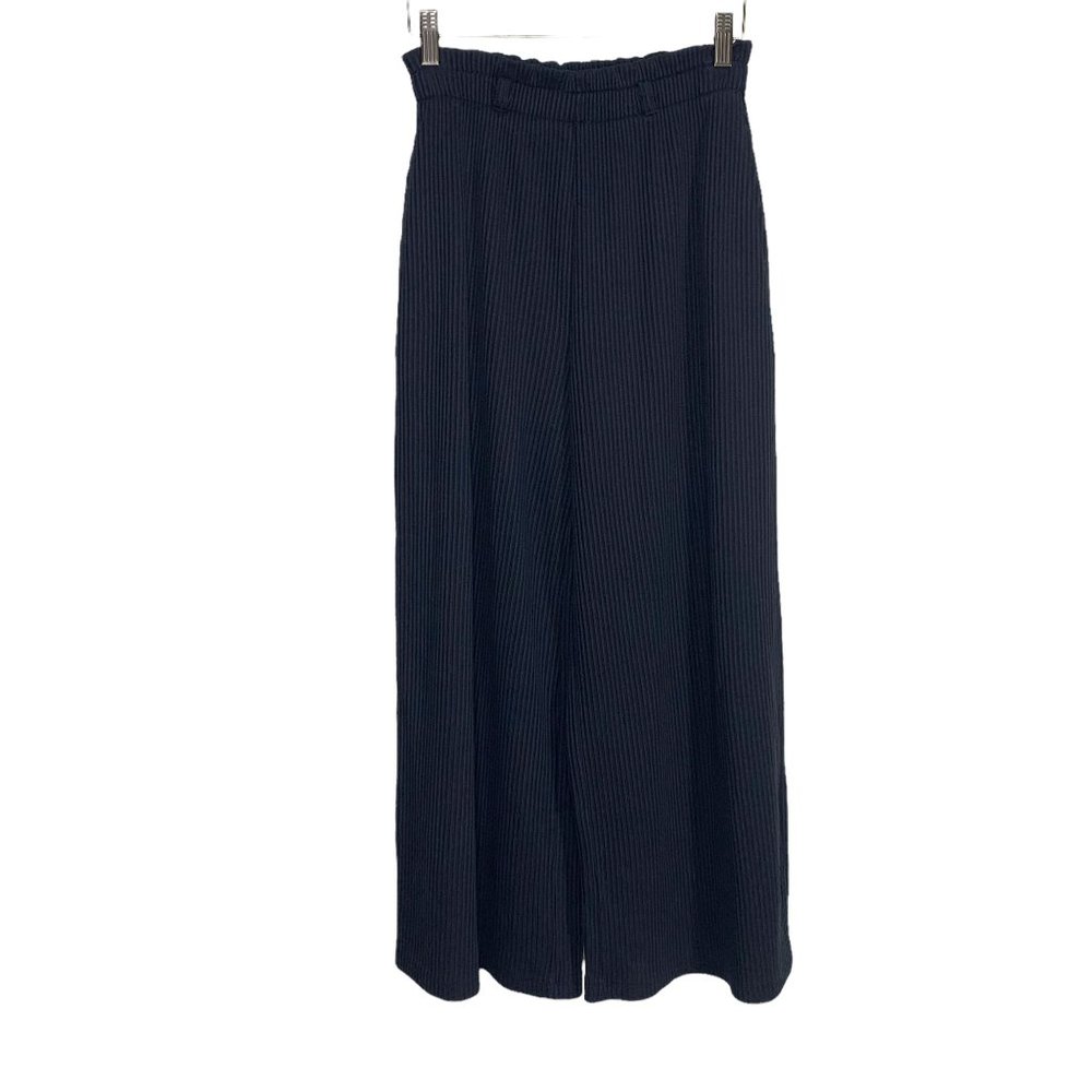 Vintage 90s Black Ribbed Wide Leg Crop Leg Pull On Pants Small